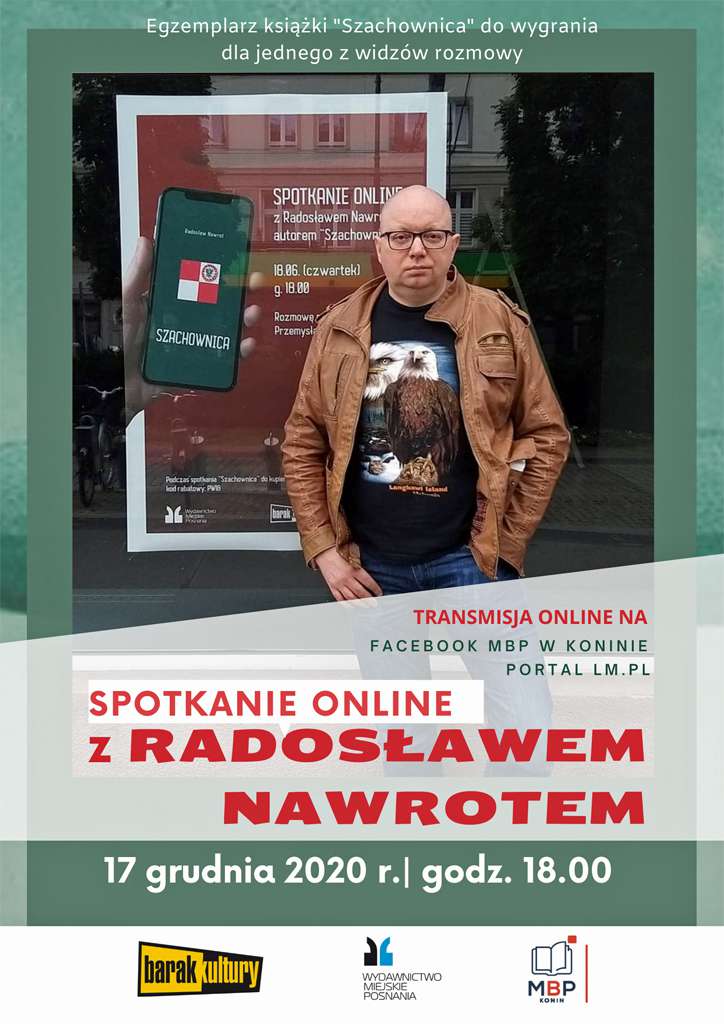 Plakat promujący spotkanie autorskie z Radosławem Nawrotem.
