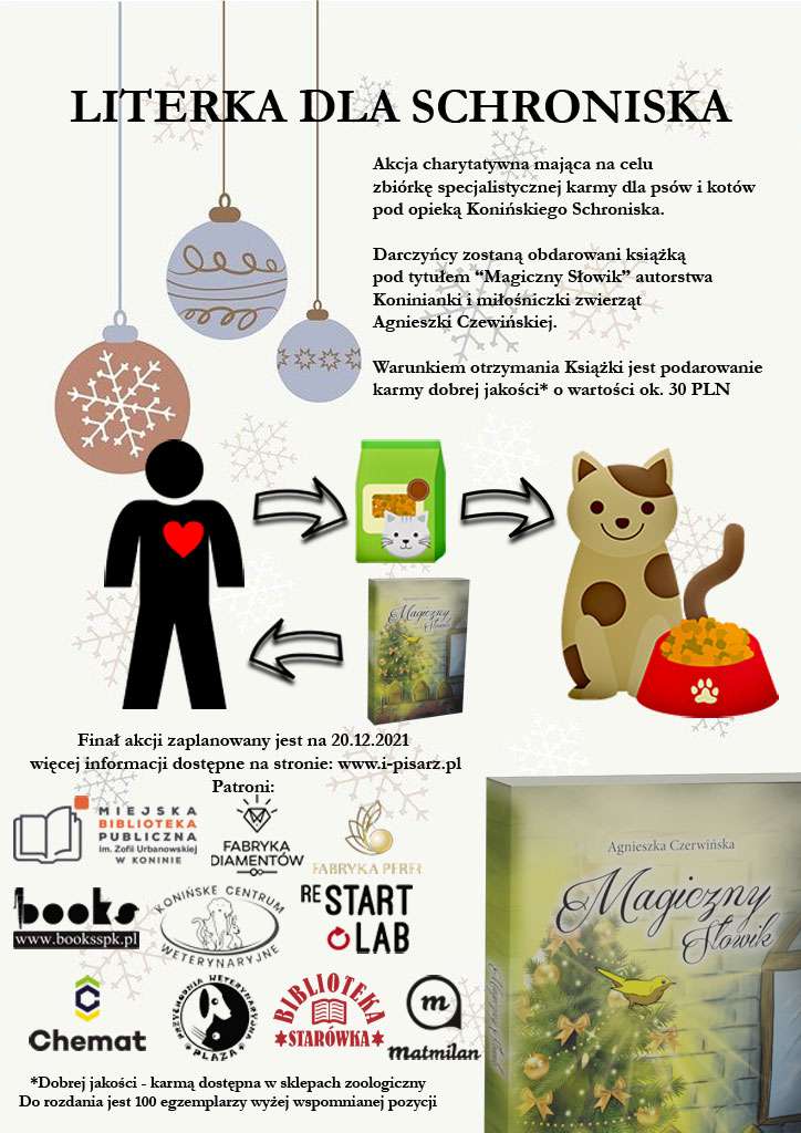 Plakat promujący akcję zbierania karmy dla psów i kotów będących pod opieką Konińskiego Schroniska. (projekt: D. Czerwiński)