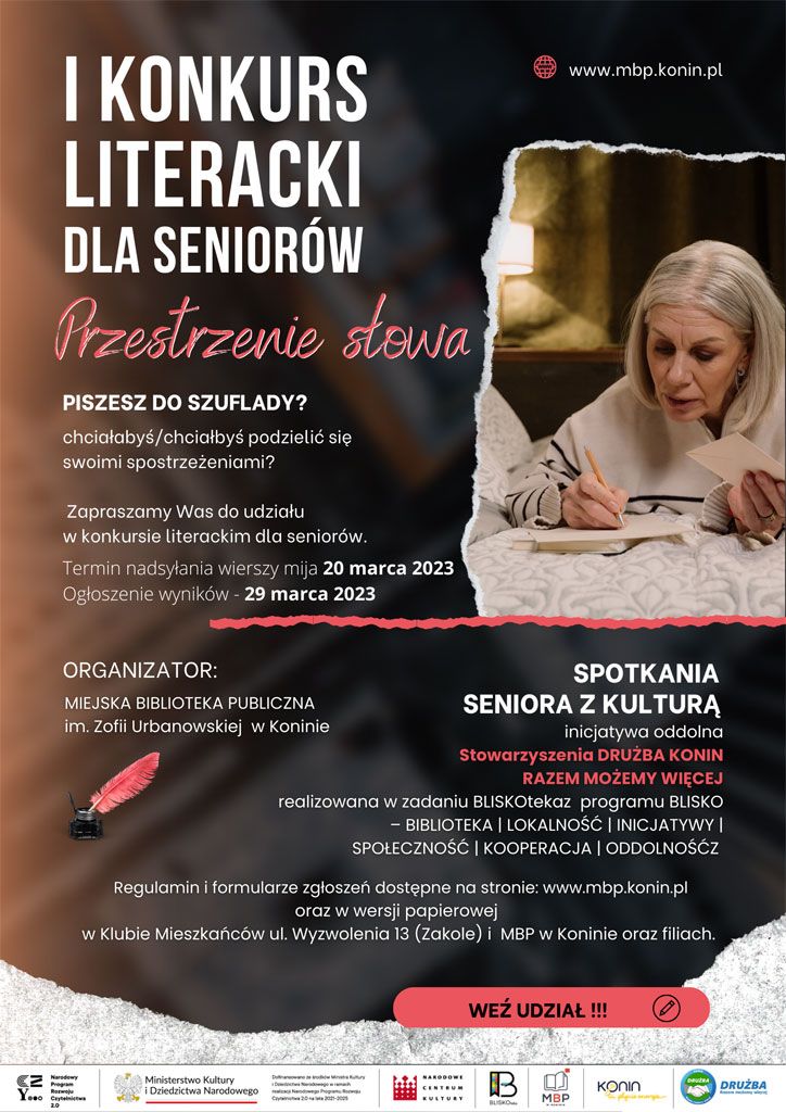 Plakat promujący 1.Konkurs Literacki dla Seniorów pod tytułem "Przestrzenie Słowa". Projekt Aleksandra Jurgielewicz.