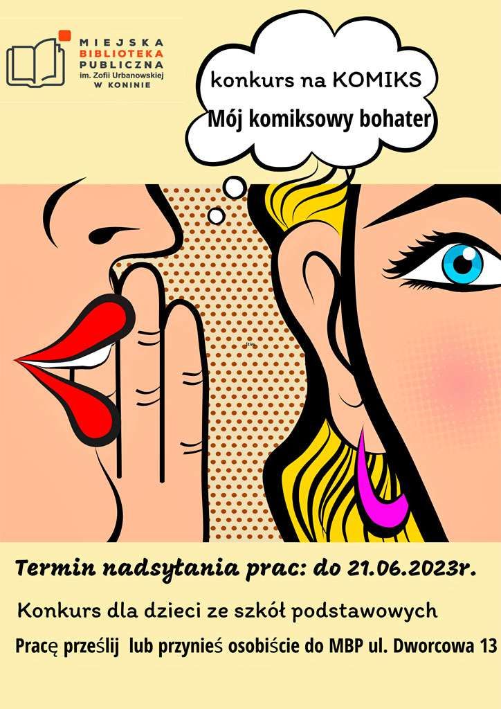 Plakat promujący konkurs "Mój komiksowy bohater". Projekt: MBP w Koninie.
